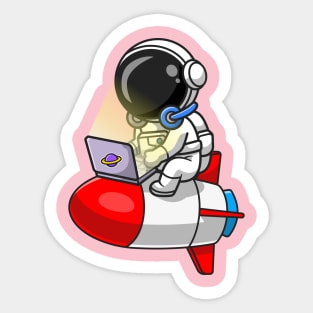 Cute Astronaut Working With Laptop On Rocket Cartoon Sticker